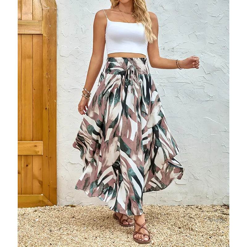 Women's High Elastic Waist Midi Skirt Casual Summer Trendy Tie Front Flowy Floral Print Beach Long Skirt - Classy Collective