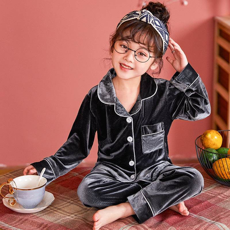 Children's Gold Velvet Solid Color Pajamas Set - Classy Collective