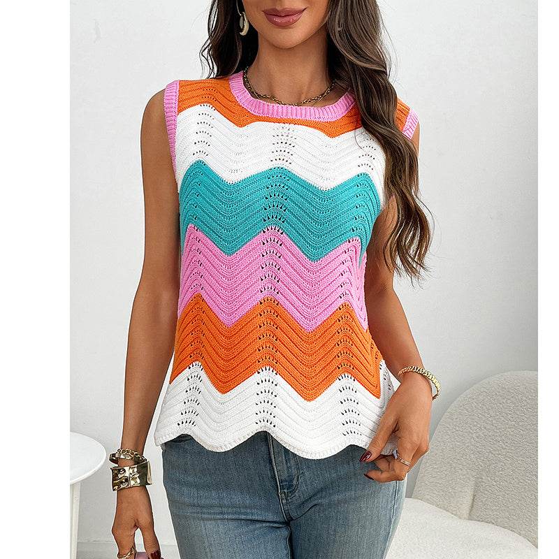 Womens Summer Rainbow Striped Sweater Vest Sleeveless Knit Crew Neck Color Block Going Out Cropped Tank Top - Classy Collective