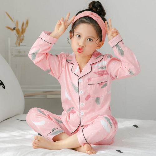 Girls Cute Printing Long-sleeved Home Wear Cotton Pajamas Set - Classy Collective