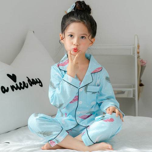 Girls Cute Printing Long-sleeved Home Wear Cotton Pajamas Set - Classy Collective