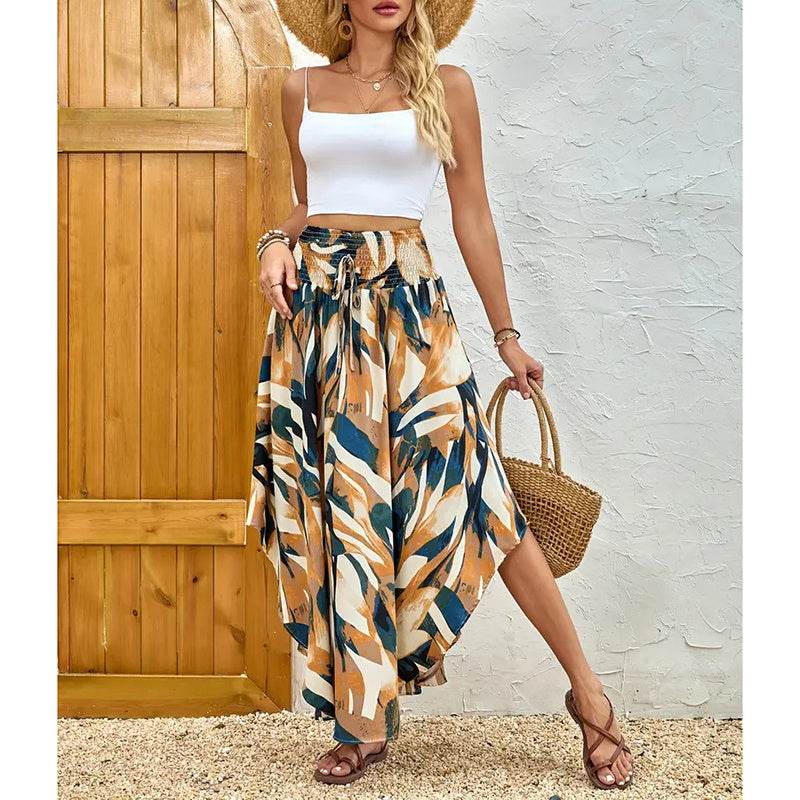 Women's High Elastic Waist Midi Skirt Casual Summer Trendy Tie Front Flowy Floral Print Beach Long Skirt - Classy Collective