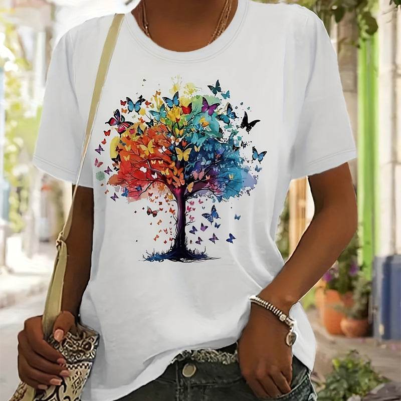 Women's Vibrant Butterfly & Tree Graphic T-Shirt - Breathable Round Neck Short Sleeve Tee, Soft Casual Summer Top - Classy Collective