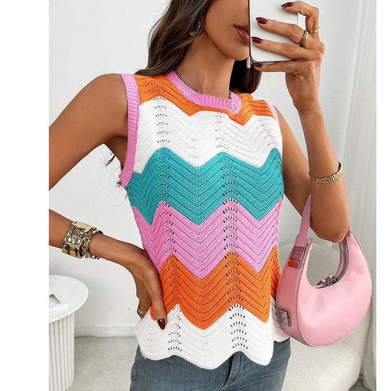 Womens Summer Rainbow Striped Sweater Vest Sleeveless Knit Crew Neck Color Block Going Out Cropped Tank Top - Classy Collective