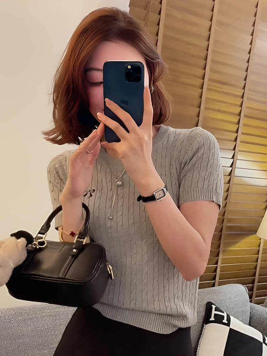 All-matching Pullover Bow Embroidery Twist Knitted Short Sleeve - Classy Collective