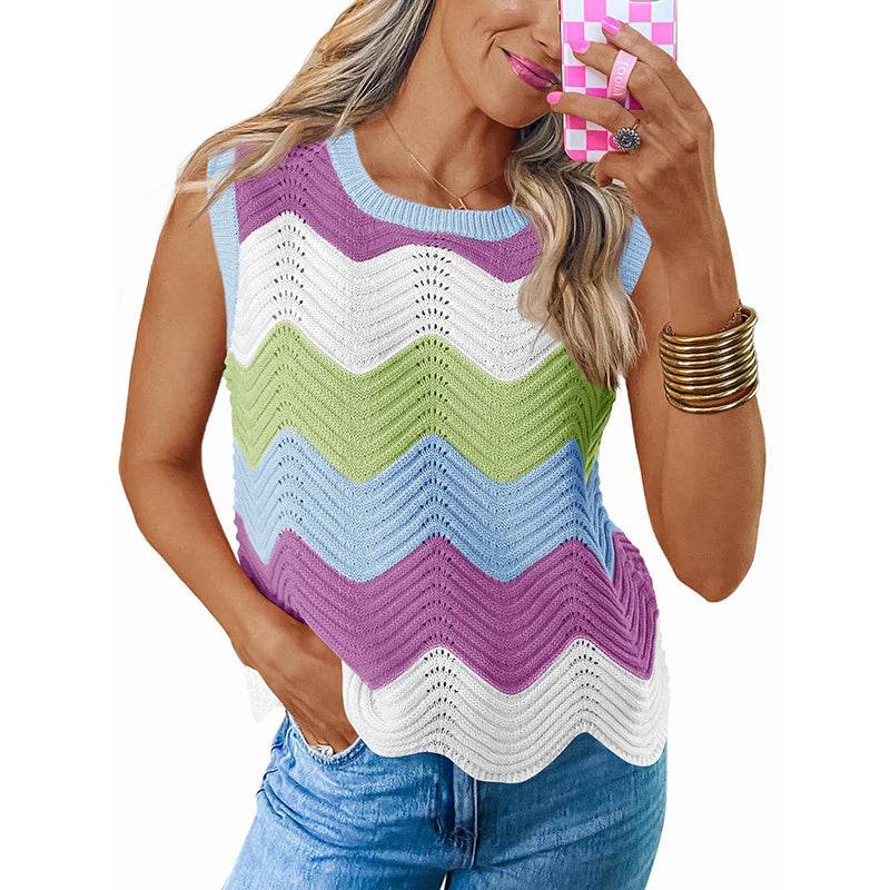 Womens Summer Rainbow Striped Sweater Vest Sleeveless Knit Crew Neck Color Block Going Out Cropped Tank Top - Classy Collective