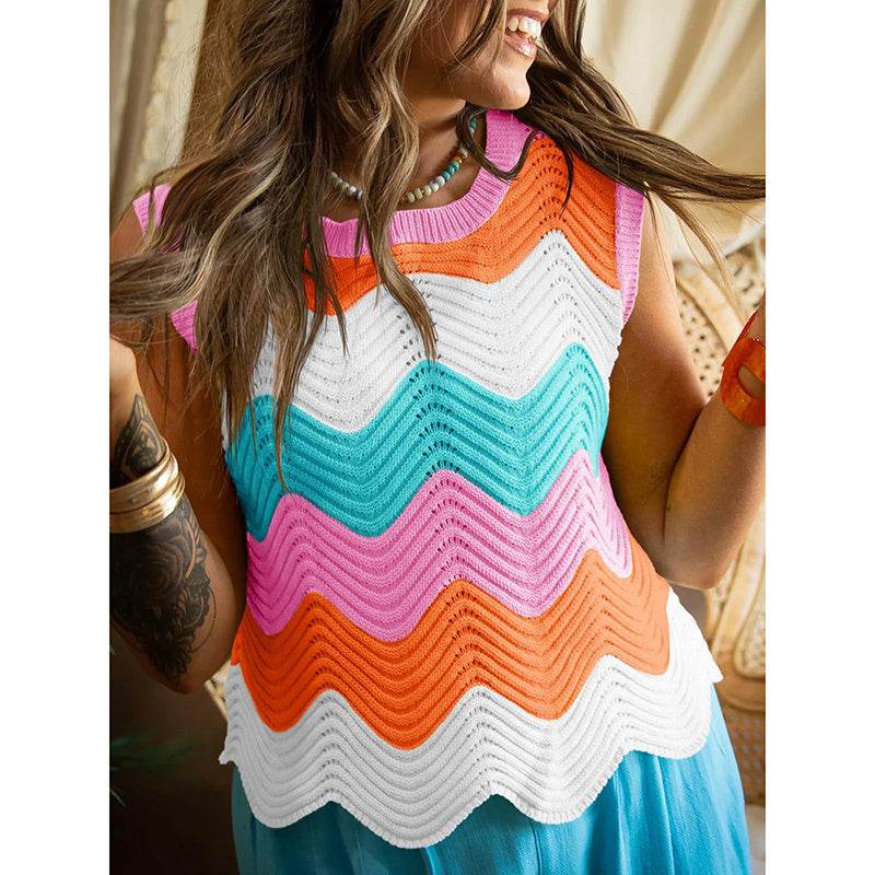 Womens Summer Rainbow Striped Sweater Vest Sleeveless Knit Crew Neck Color Block Going Out Cropped Tank Top - Classy Collective