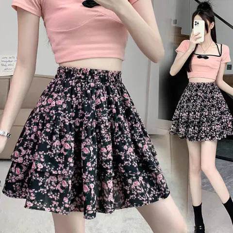 French Style Vintage And Little Fresh Cherry Floral A- Line Skirt - Classy Collective