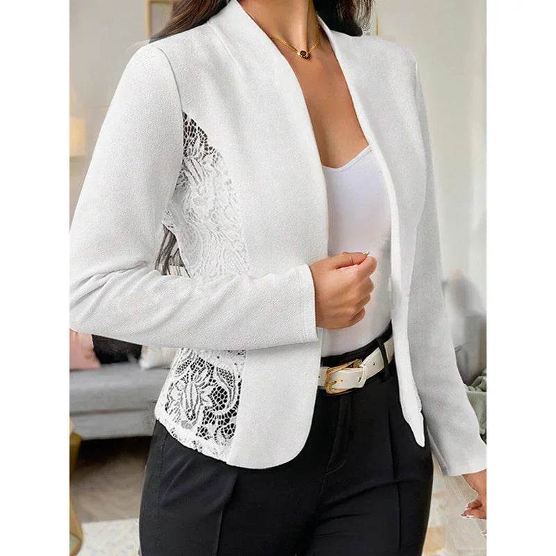 Women's Casual Lace Contrast Open Front Cardigan Jacket Long Sleeve Work Office Suit - Classy Collective