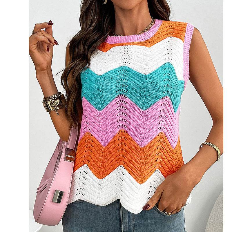 Womens Summer Rainbow Striped Sweater Vest Sleeveless Knit Crew Neck Color Block Going Out Cropped Tank Top - Classy Collective
