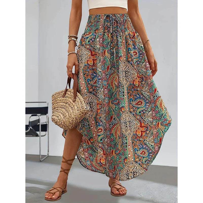 Women's High Elastic Waist Midi Skirt Casual Summer Trendy Tie Front Flowy Floral Print Beach Long Skirt - Classy Collective