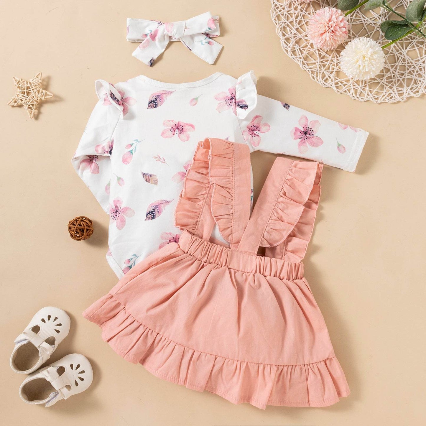 Printed Long-sleeved Baby Girl Romper Two-color Strap Ruffled Dress Headdress Three Pieces - Classy Collective