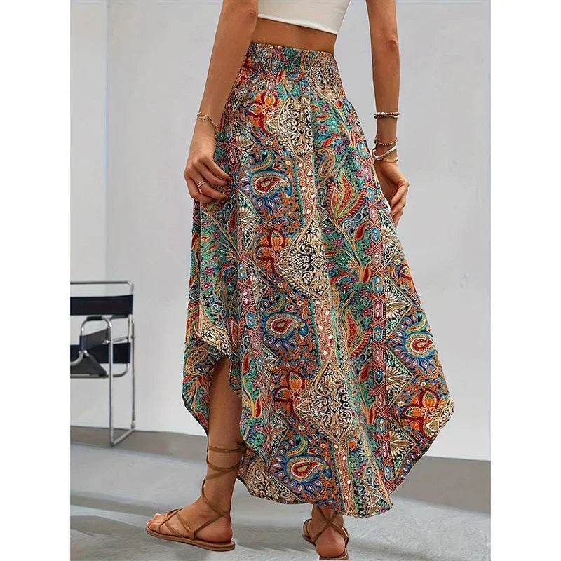Women's High Elastic Waist Midi Skirt Casual Summer Trendy Tie Front Flowy Floral Print Beach Long Skirt - Classy Collective