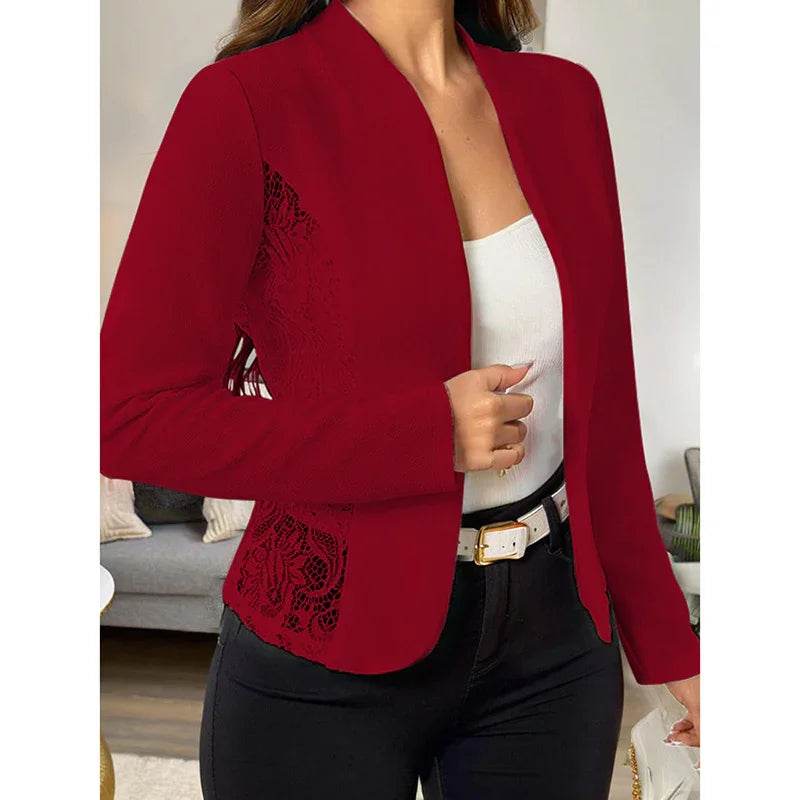 Women's Casual Lace Contrast Open Front Cardigan Jacket Long Sleeve Work Office Suit - Classy Collective