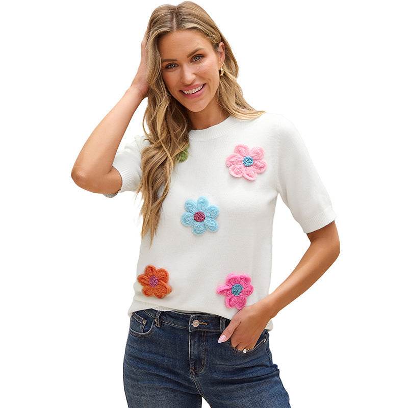 Three-dimensional Flower Decoration Half-sleeve Top European And American Commuters' Knitted - Classy Collective