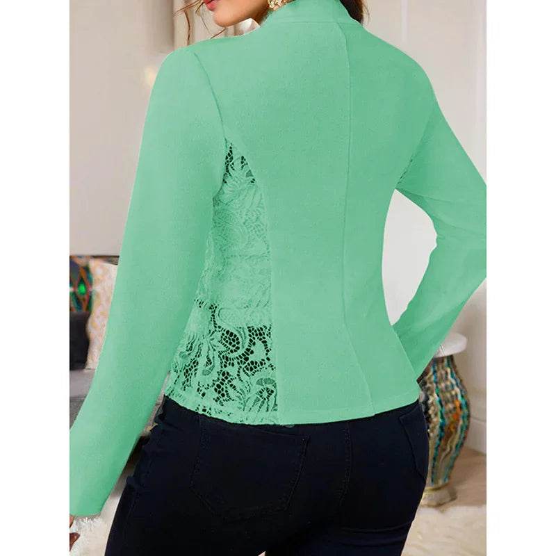 Women's Casual Lace Contrast Open Front Cardigan Jacket Long Sleeve Work Office Suit - Classy Collective