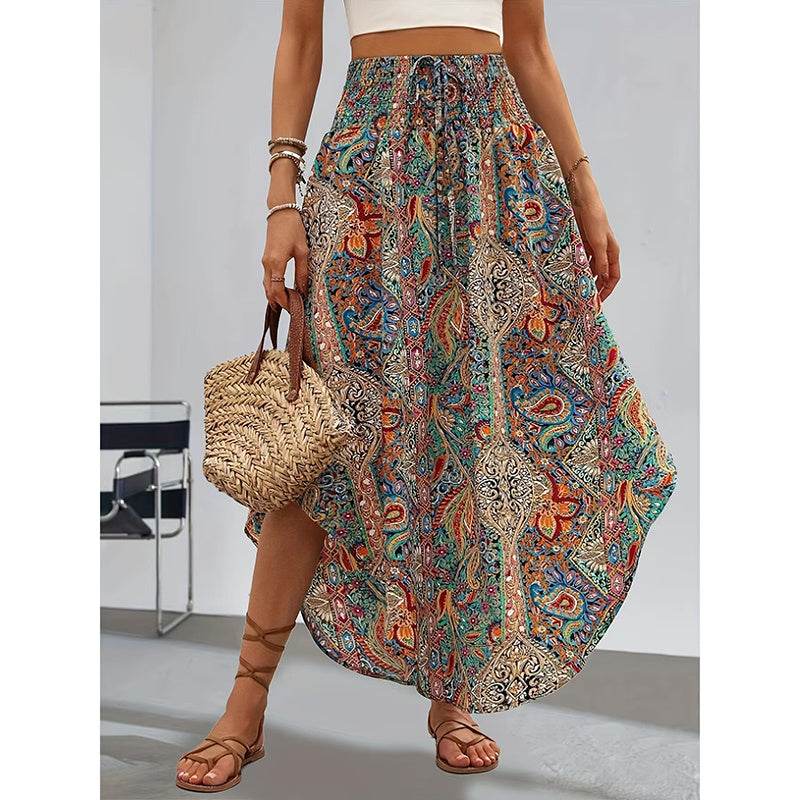 Women's High Elastic Waist Midi Skirt Casual Summer Trendy Tie Front Flowy Floral Print Beach Long Skirt - Classy Collective