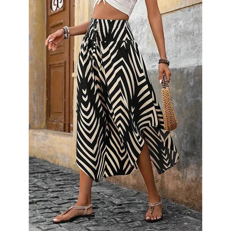 Women's High Elastic Waist Midi Skirt Casual Summer Trendy Tie Front Flowy Floral Print Beach Long Skirt - Classy Collective