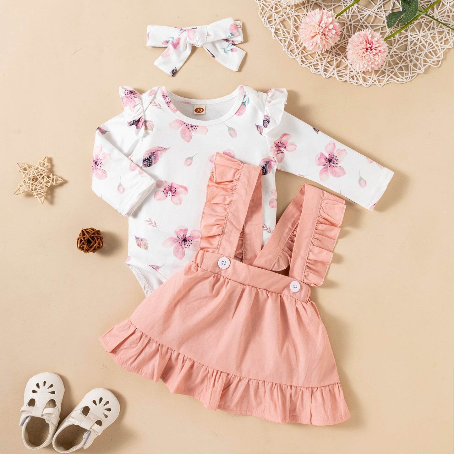Printed Long-sleeved Baby Girl Romper Two-color Strap Ruffled Dress Headdress Three Pieces - Classy Collective