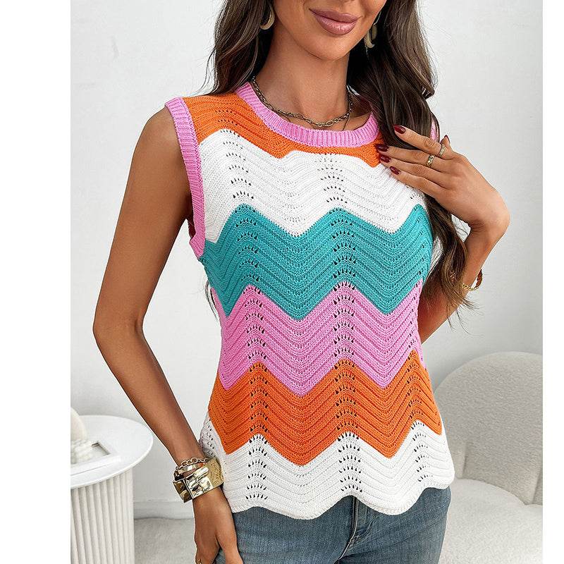 Womens Summer Rainbow Striped Sweater Vest Sleeveless Knit Crew Neck Color Block Going Out Cropped Tank Top - Classy Collective