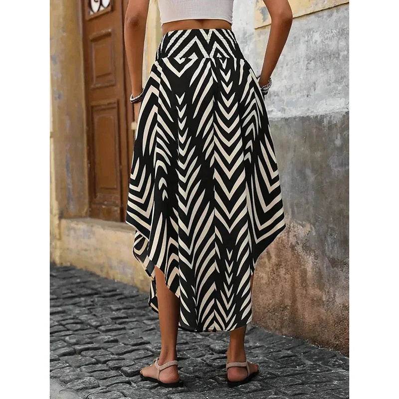Women's High Elastic Waist Midi Skirt Casual Summer Trendy Tie Front Flowy Floral Print Beach Long Skirt - Classy Collective