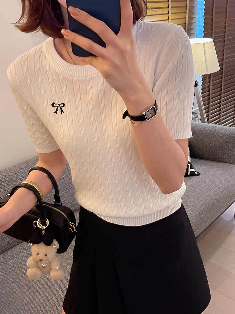 All-matching Pullover Bow Embroidery Twist Knitted Short Sleeve - Classy Collective