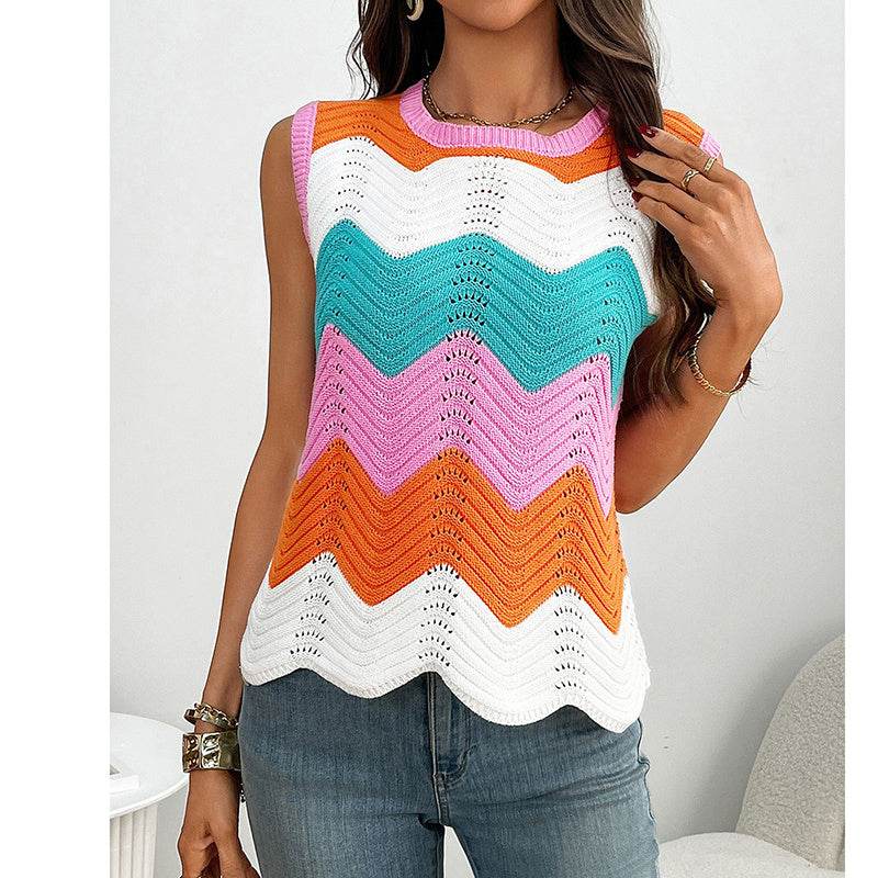 Womens Summer Rainbow Striped Sweater Vest Sleeveless Knit Crew Neck Color Block Going Out Cropped Tank Top - Classy Collective