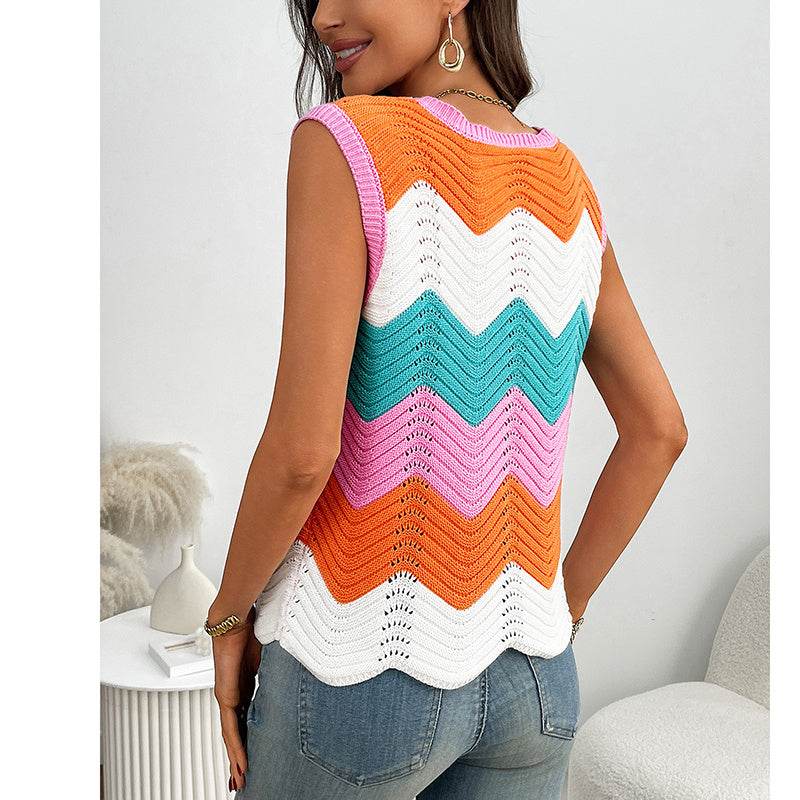 Womens Summer Rainbow Striped Sweater Vest Sleeveless Knit Crew Neck Color Block Going Out Cropped Tank Top - Classy Collective
