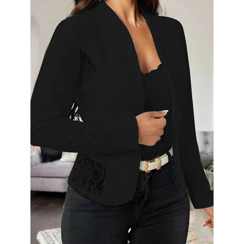 Women's Casual Lace Contrast Open Front Cardigan Jacket Long Sleeve Work Office Suit - Classy Collective
