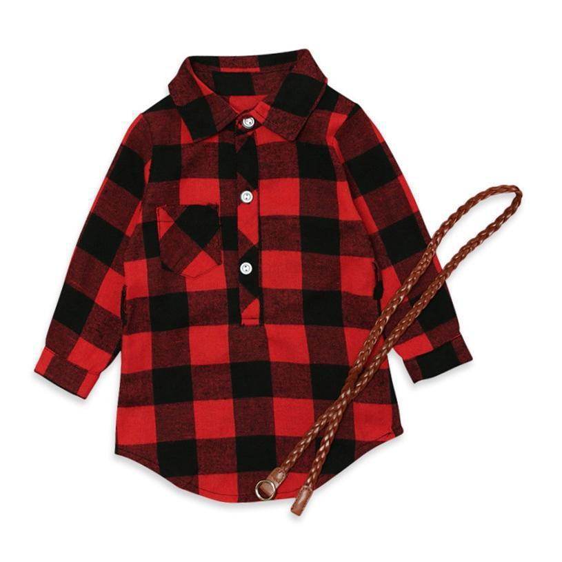 Fashion Girls Long Red Plaid Dress With Belt - Classy Collective