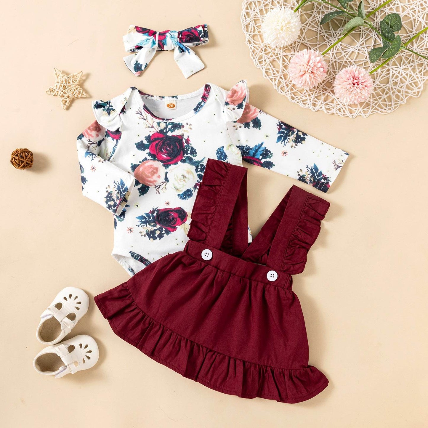 Printed Long-sleeved Baby Girl Romper Two-color Strap Ruffled Dress Headdress Three Pieces - Classy Collective