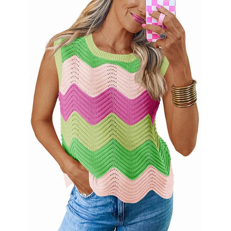 Womens Summer Rainbow Striped Sweater Vest Sleeveless Knit Crew Neck Color Block Going Out Cropped Tank Top - Classy Collective