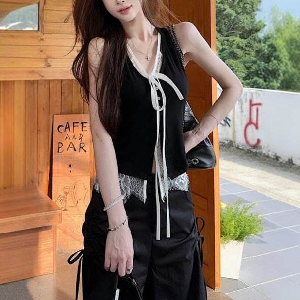 Camisole Vest Outer Wear Black Hot Girl Niche Chic Lace Fake Two-piece Sleeveless Top - Classy Collective