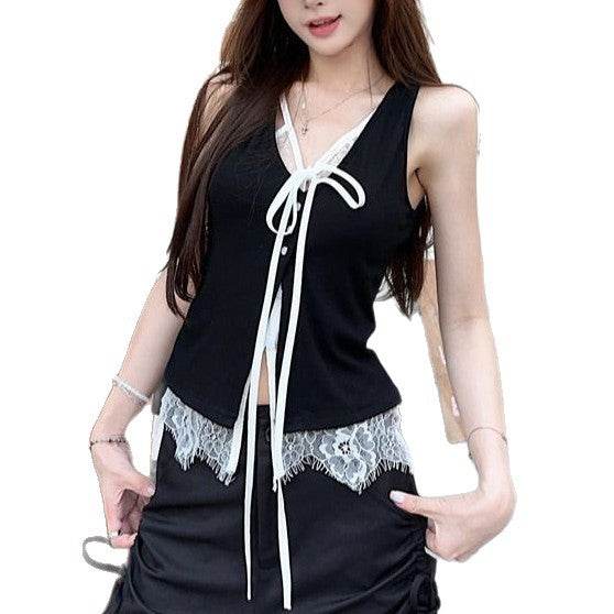 Camisole Vest Outer Wear Black Hot Girl Niche Chic Lace Fake Two-piece Sleeveless Top - Classy Collective