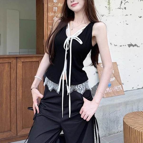 Camisole Vest Outer Wear Black Hot Girl Niche Chic Lace Fake Two-piece Sleeveless Top - Classy Collective