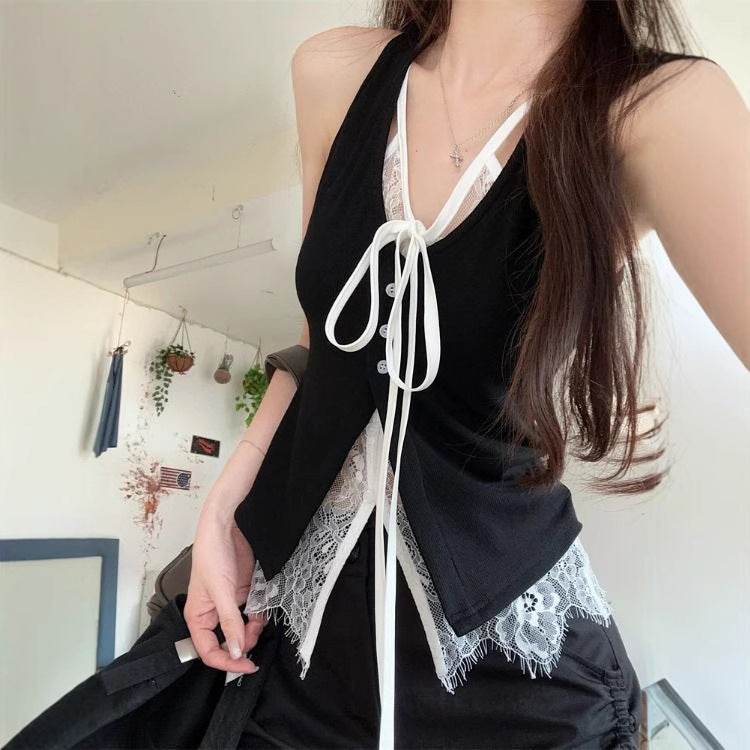Camisole Vest Outer Wear Black Hot Girl Niche Chic Lace Fake Two-piece Sleeveless Top - Classy Collective