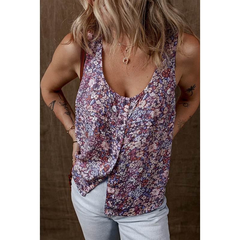 Pleated U-neck Vest Women's Printed Sleeveless Top - Classy Collective