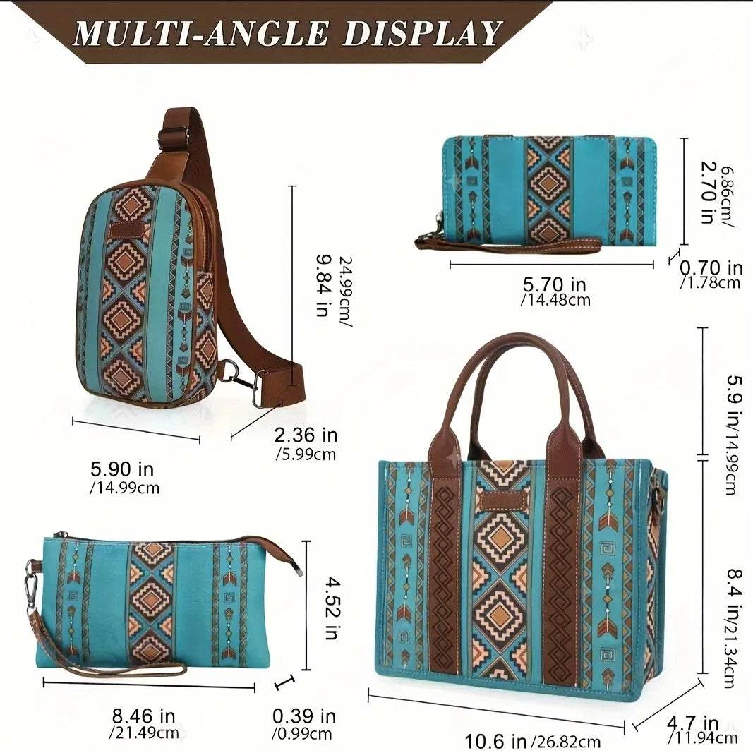 4Pcs Women's Purse Tote, Retro Work Satchel Lightweight, Boho Chic Tote Everyday Green - Classy Collective