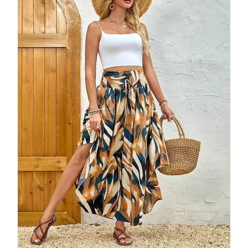 Women's High Elastic Waist Midi Skirt Casual Summer Trendy Tie Front Flowy Floral Print Beach Long Skirt - Classy Collective