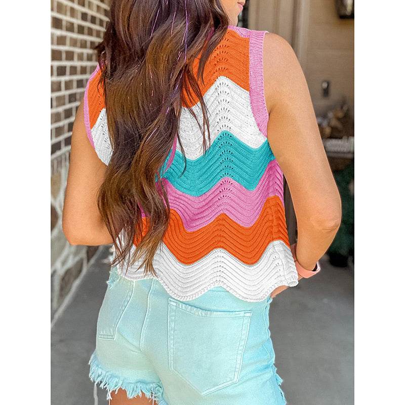 Womens Summer Rainbow Striped Sweater Vest Sleeveless Knit Crew Neck Color Block Going Out Cropped Tank Top - Classy Collective