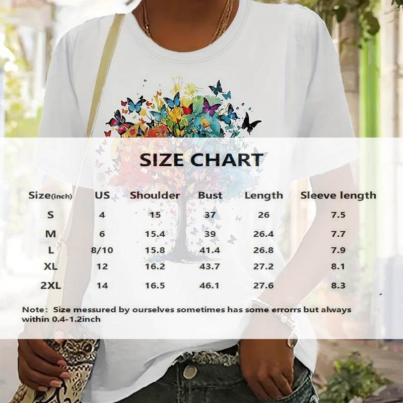 Women's Vibrant Butterfly & Tree Graphic T-Shirt - Breathable Round Neck Short Sleeve Tee, Soft Casual Summer Top - Classy Collective