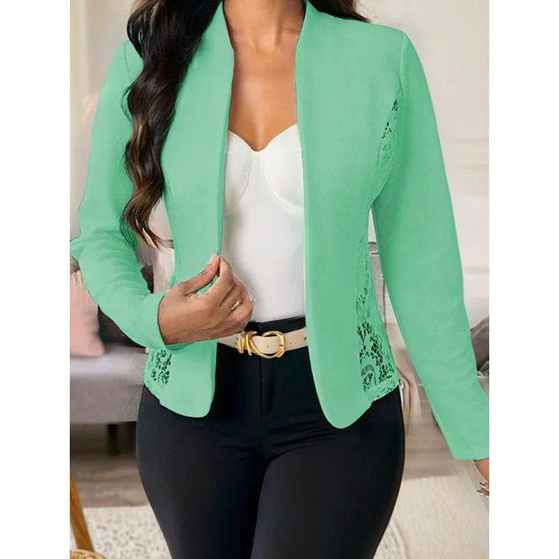 Women's Casual Lace Contrast Open Front Cardigan Jacket Long Sleeve Work Office Suit - Classy Collective