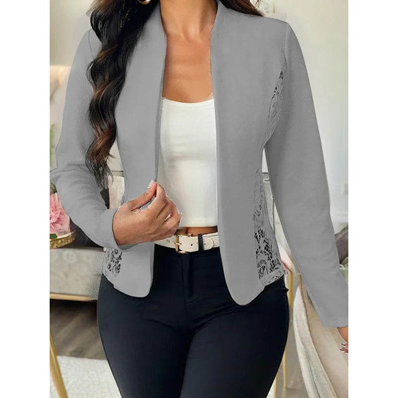 Women's Casual Lace Contrast Open Front Cardigan Jacket Long Sleeve Work Office Suit - Classy Collective