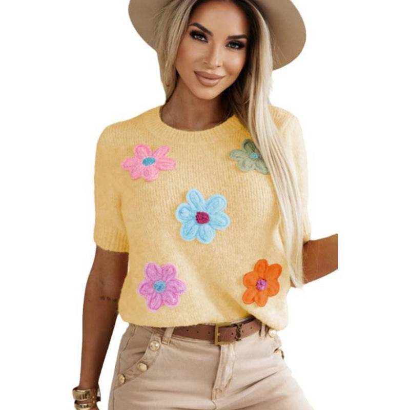 Three-dimensional Flower Decoration Half-sleeve Top European And American Commuters' Knitted - Classy Collective