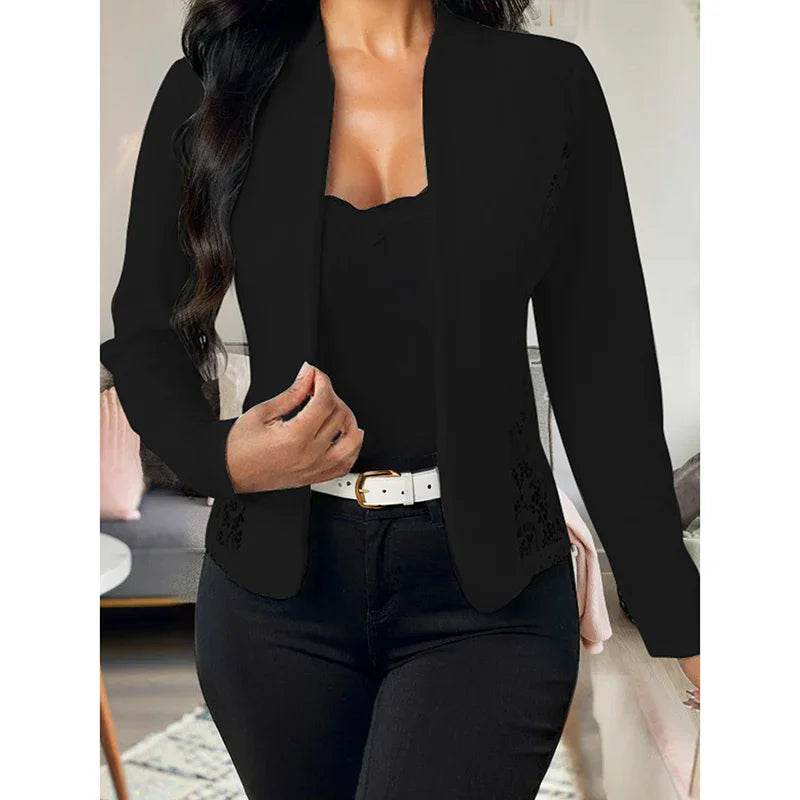 Women's Casual Lace Contrast Open Front Cardigan Jacket Long Sleeve Work Office Suit - Classy Collective