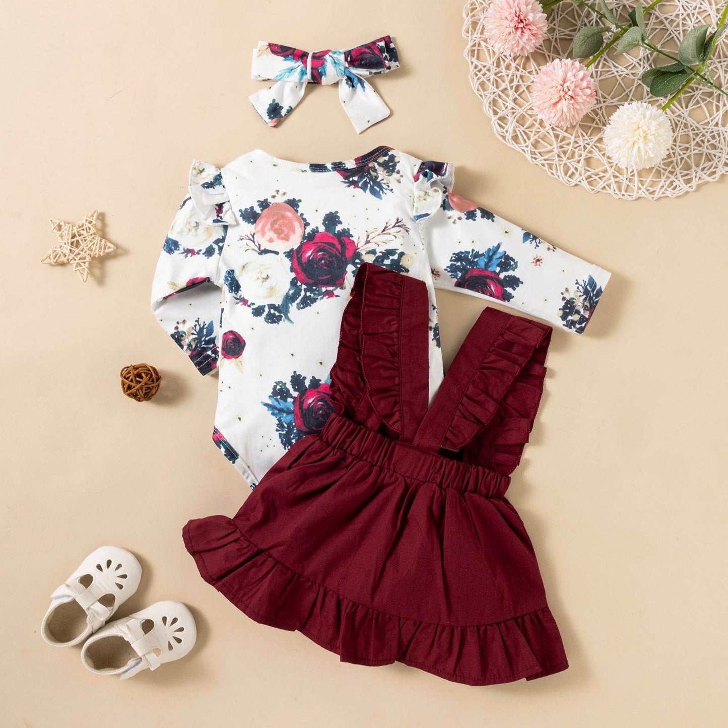 Printed Long-sleeved Baby Girl Romper Two-color Strap Ruffled Dress Headdress Three Pieces - Classy Collective