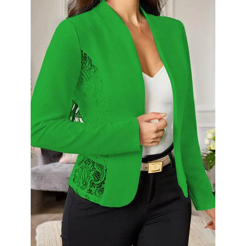 Women's Casual Lace Contrast Open Front Cardigan Jacket Long Sleeve Work Office Suit - Classy Collective
