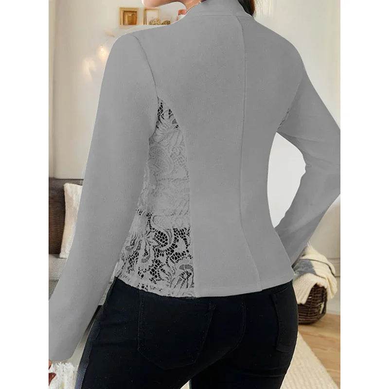 Women's Casual Lace Contrast Open Front Cardigan Jacket Long Sleeve Work Office Suit - Classy Collective
