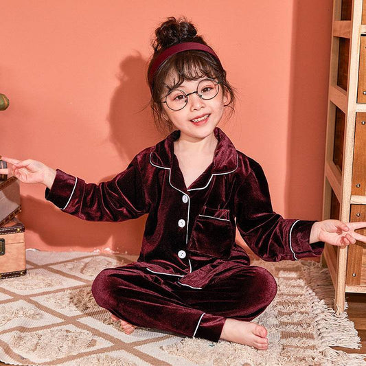 Children's Gold Velvet Solid Color Pajamas Set - Classy Collective