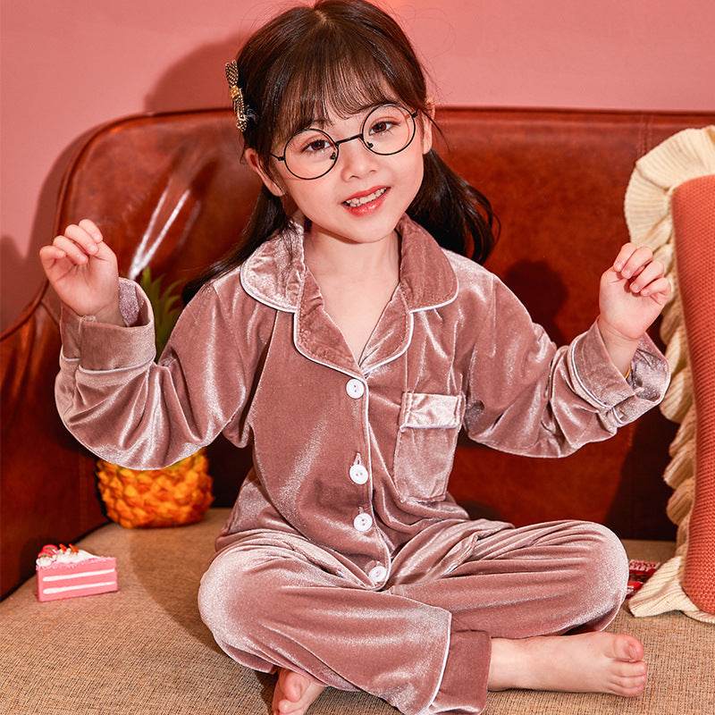 Children's Gold Velvet Solid Color Pajamas Set - Classy Collective